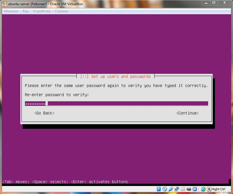 Ubuntu Server. Ввод подтверждение пароля пользователя