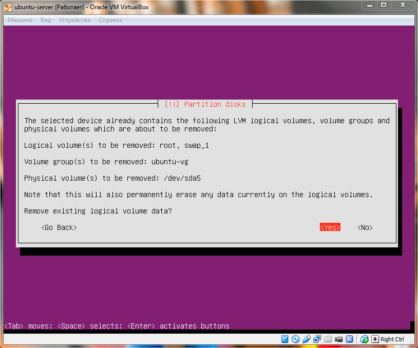 Ubuntu Server. Подтверждение очистки диска