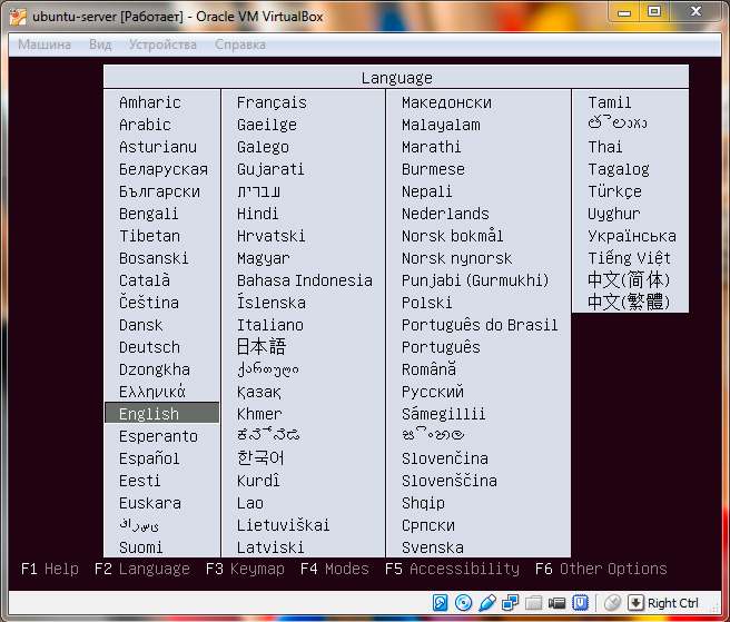 Ubuntu Server. Выбор языка