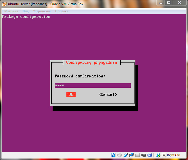 Ubuntu Server. Установка phpMyAdmin. Подтверждение пароля для пользователя phpMyAdmin