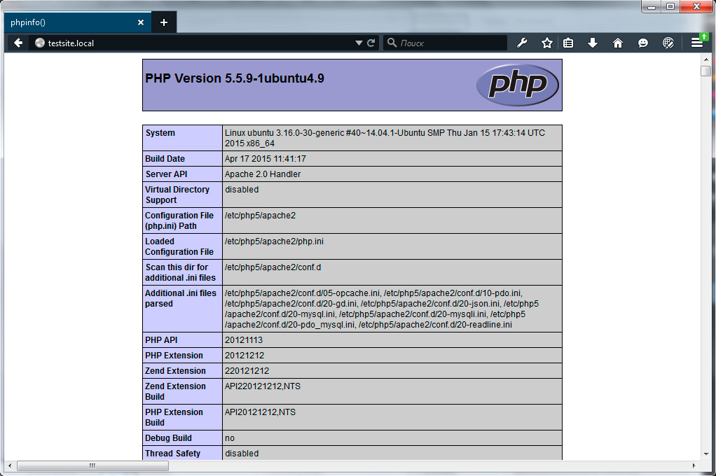 Ububtu server. PHP Info